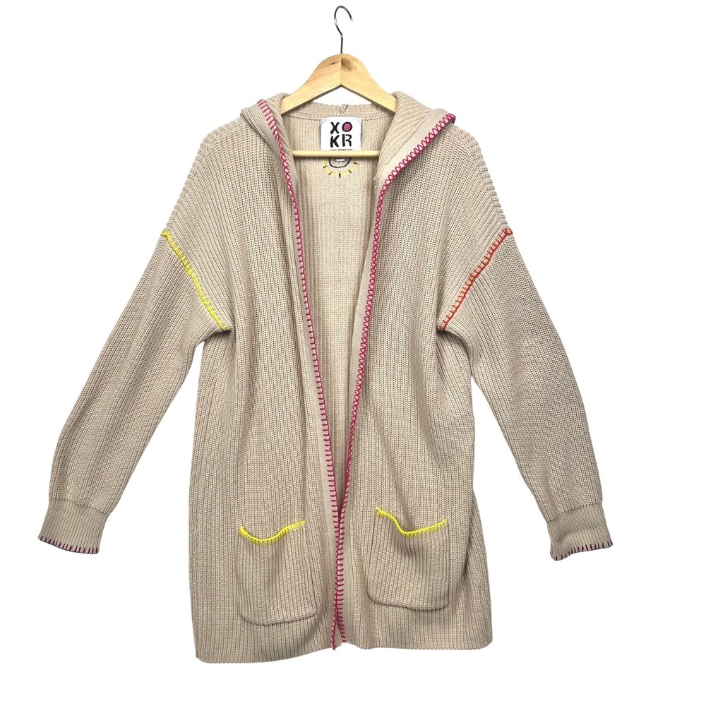 Kerri‎ Rosenthal XOXO Cardigan L Oatmeal Pink Trim Dopamine Dressing Happy Smile